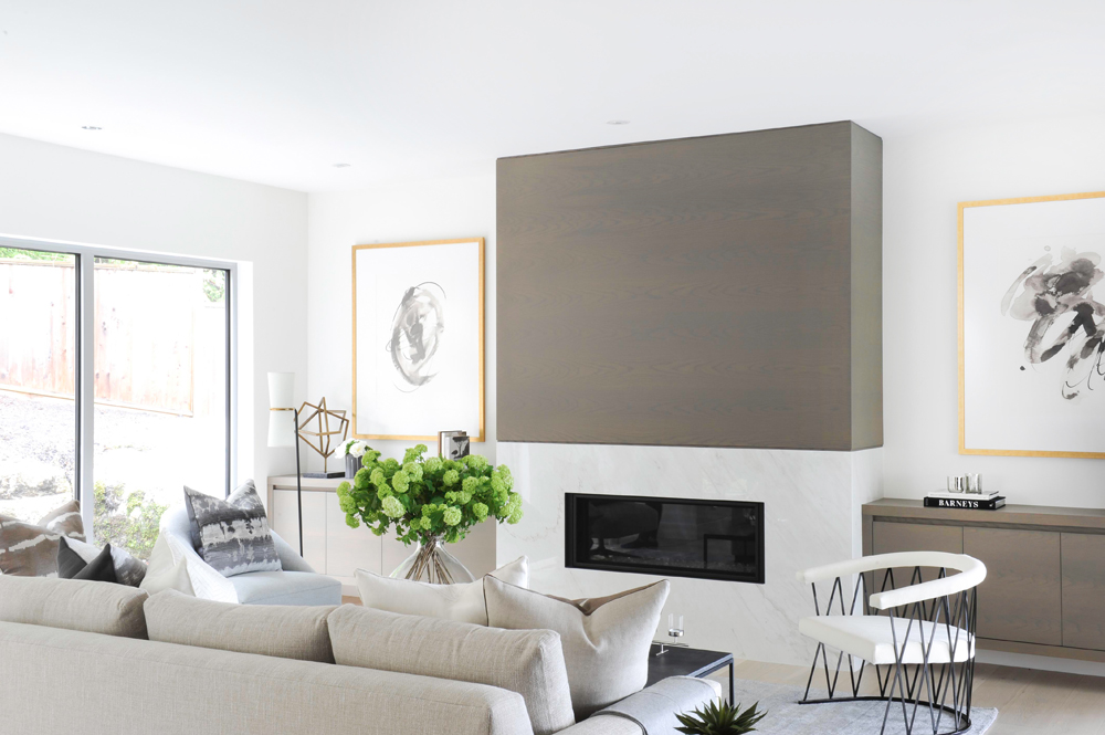 An energy-efficient gas fireplace in an open-concept living room