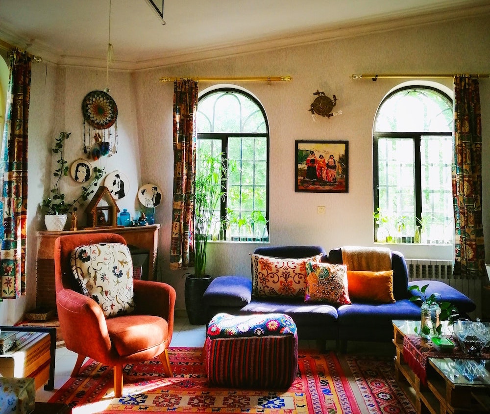 colourful living room with patterned rug