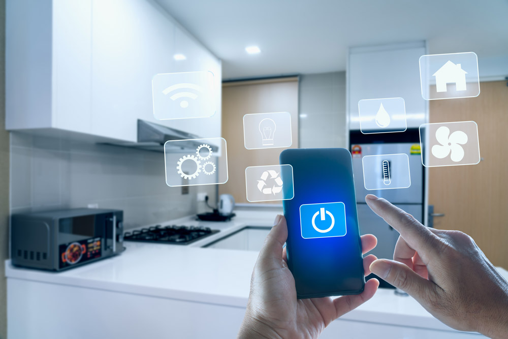 A blue smart thermostat in the kitchen