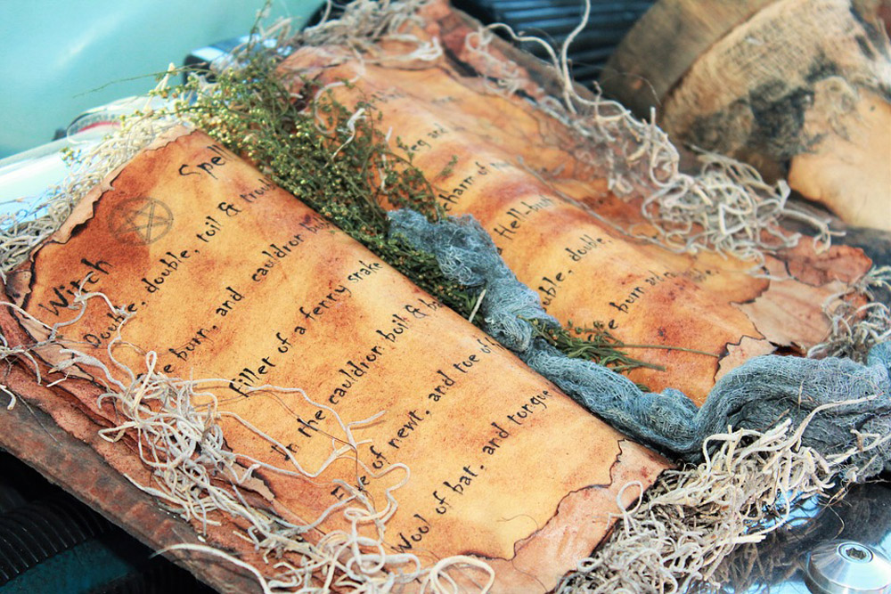 A handmade book of witches spells used for Halloween decor
