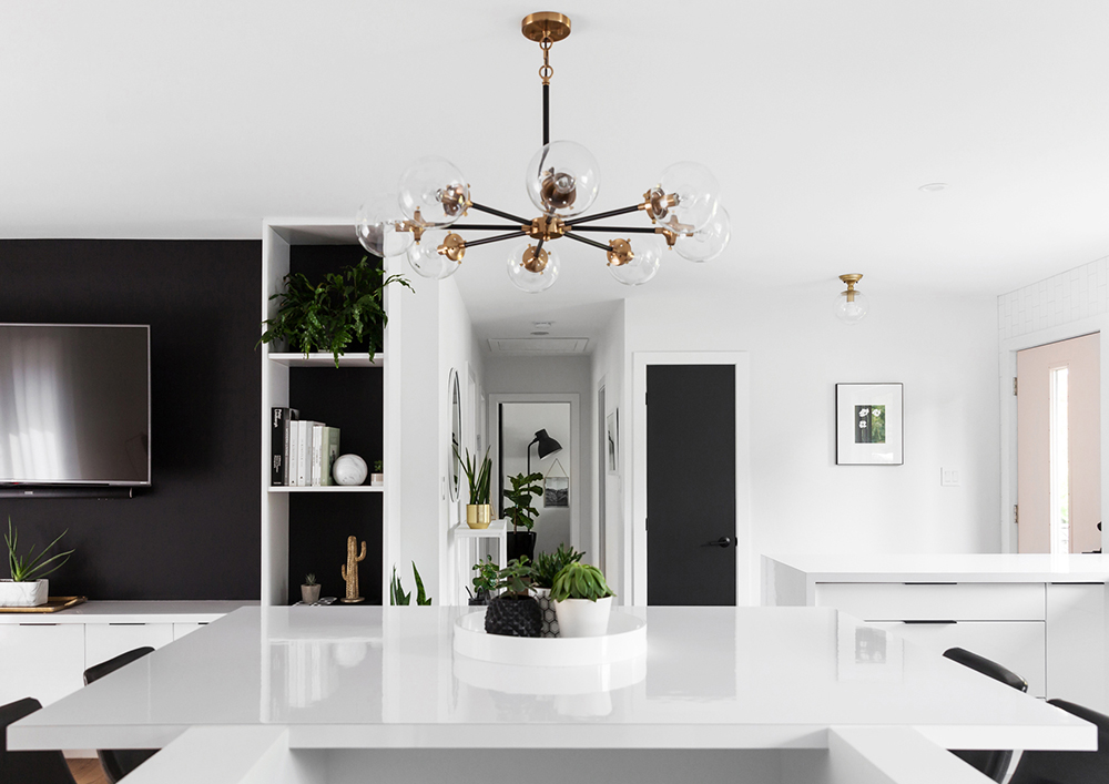 Minimalist, modern kitchen with small potted plants grouped together on clean, white counter.