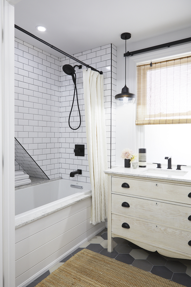 white bathroom with matte black fixtures