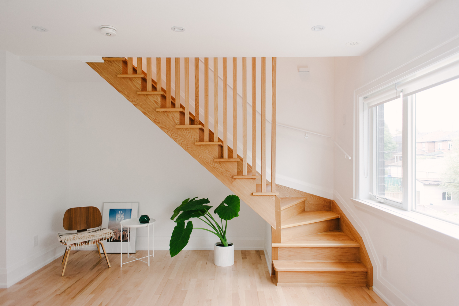 Wood stairs curving in a corner