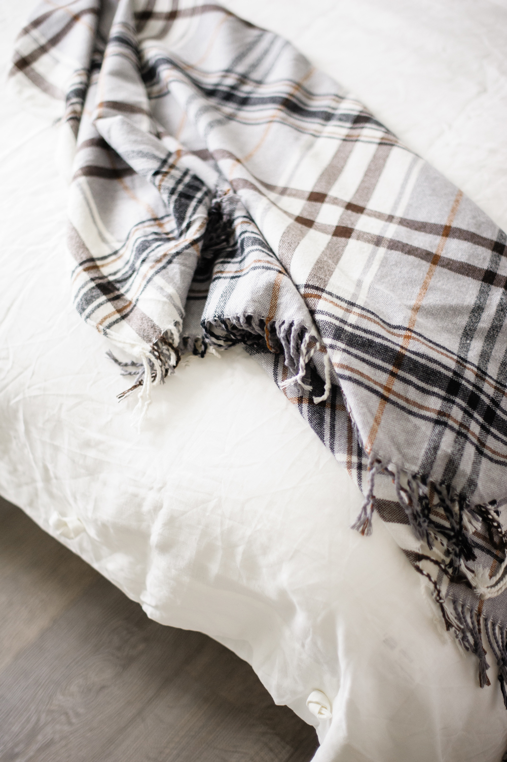 Plaid throw tossed across a bed
