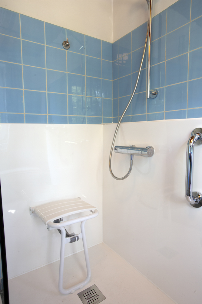 shower with shower chair and handle bar