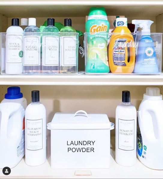 Laundry room shelving neatly organized and properly labelled