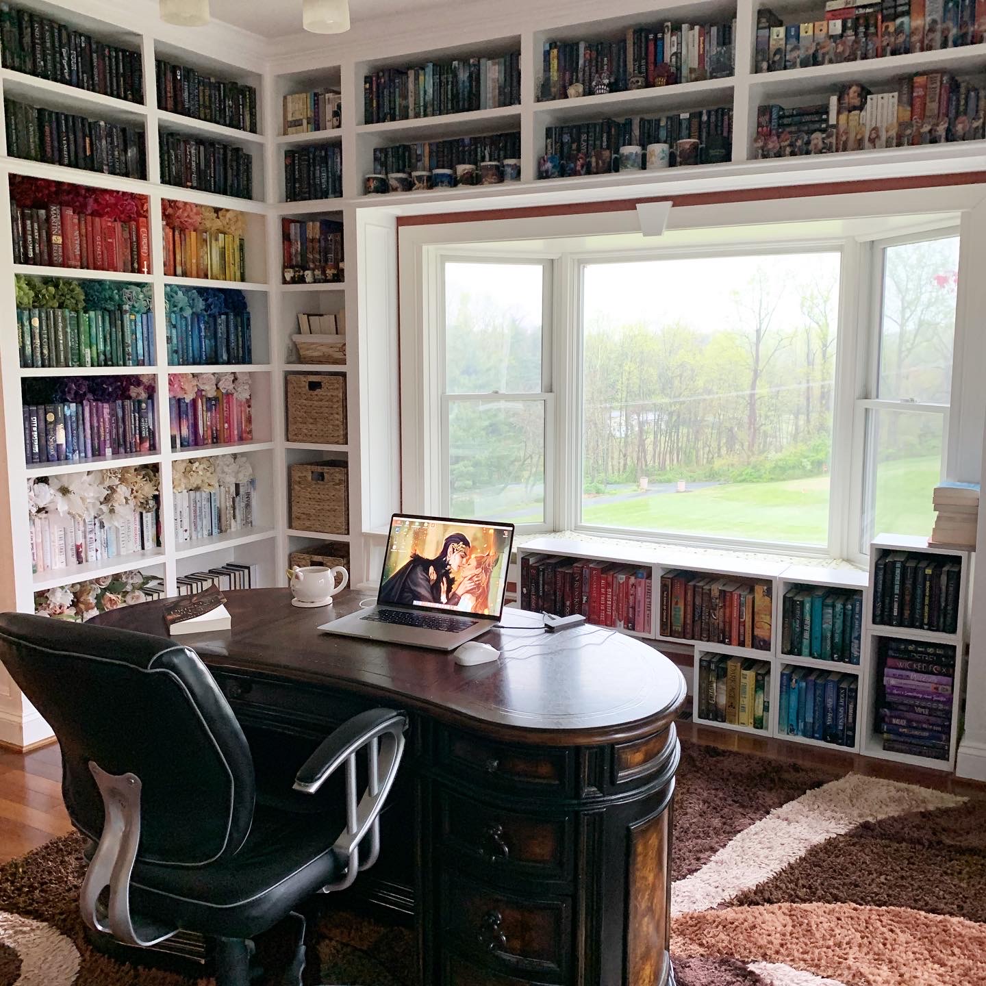Colour-coded books in home office