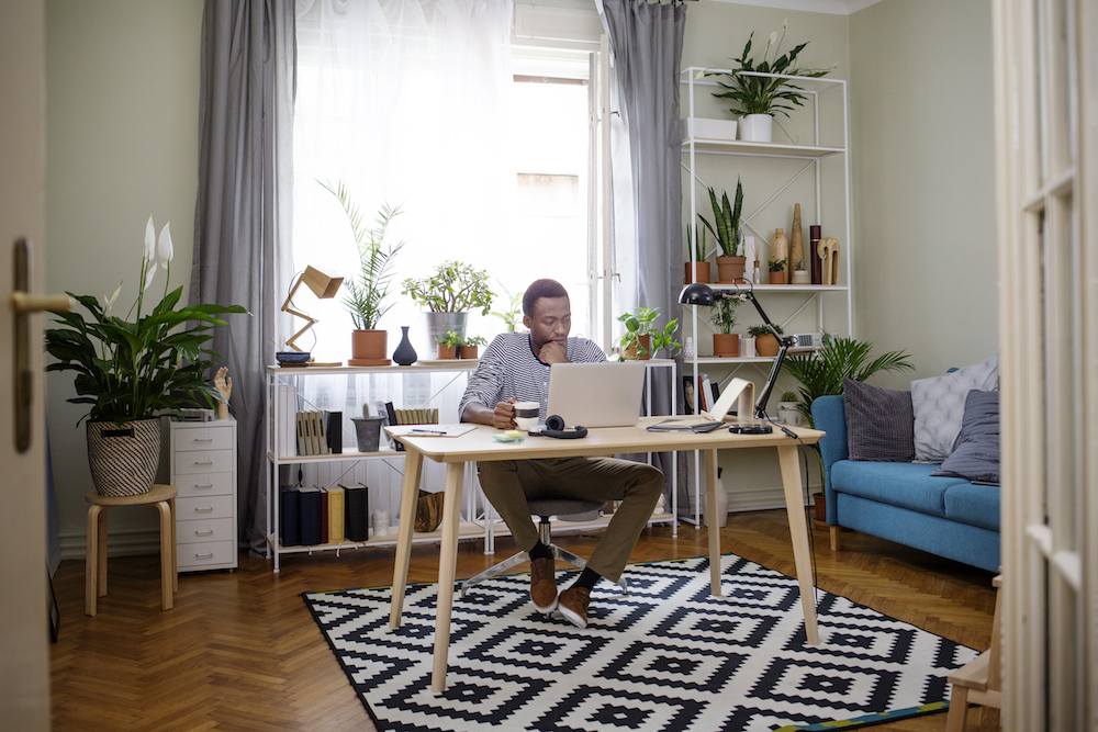 man working on laptop in eclectic home office with green plants