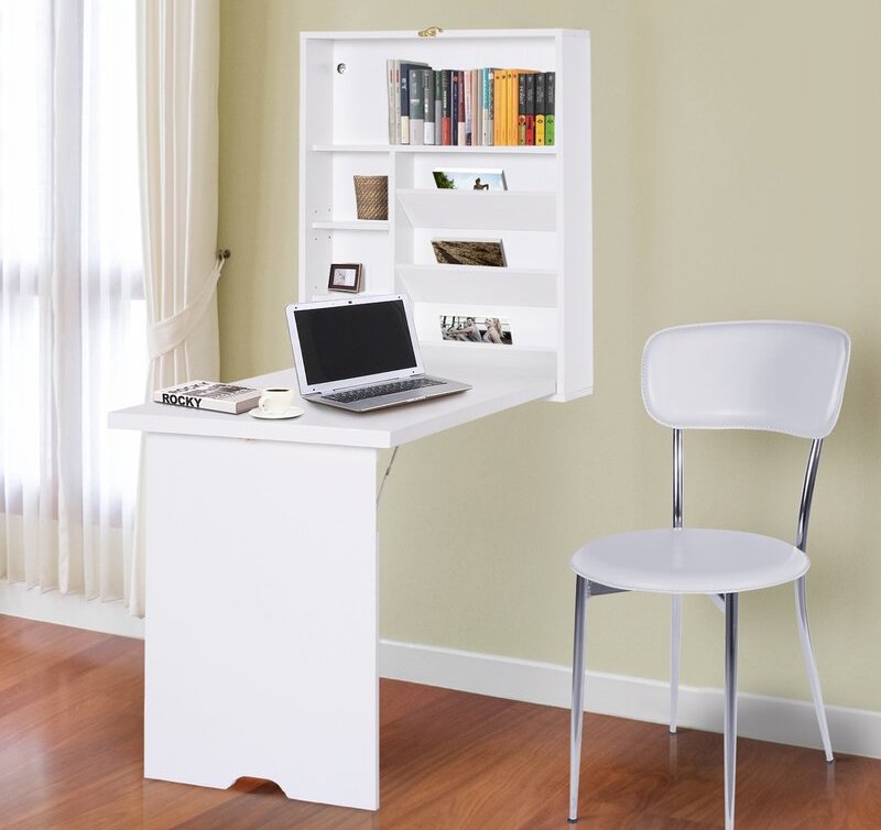 white floating desk and white chair in yellow home office