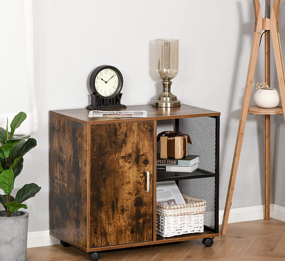 grey home office with industrial-style wood rolling file cabinet