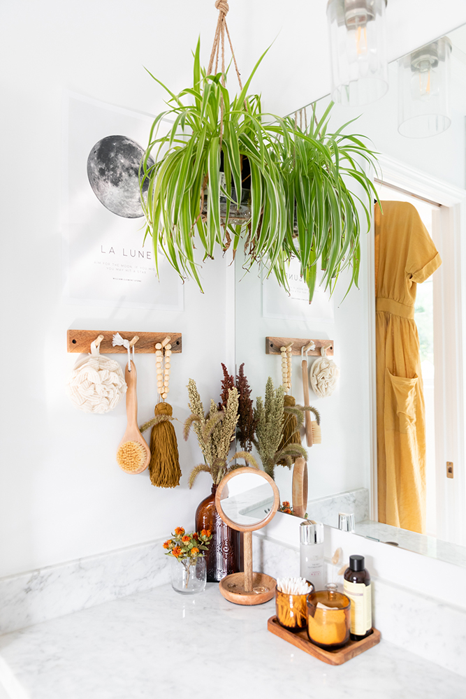 Bathroom with large mirror and plants hanging from ceiling