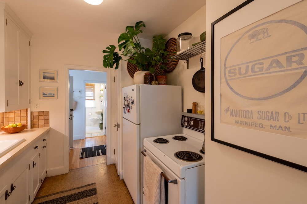 white galley-style kitchen with plants on top of fridge