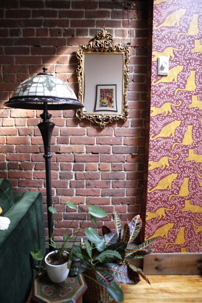 brick wall with ornate mirror and green plants on floor