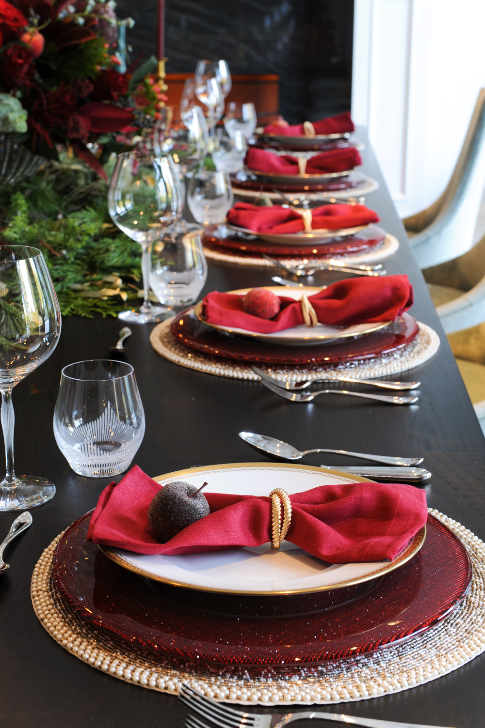 beaded and sparkling red table chargers