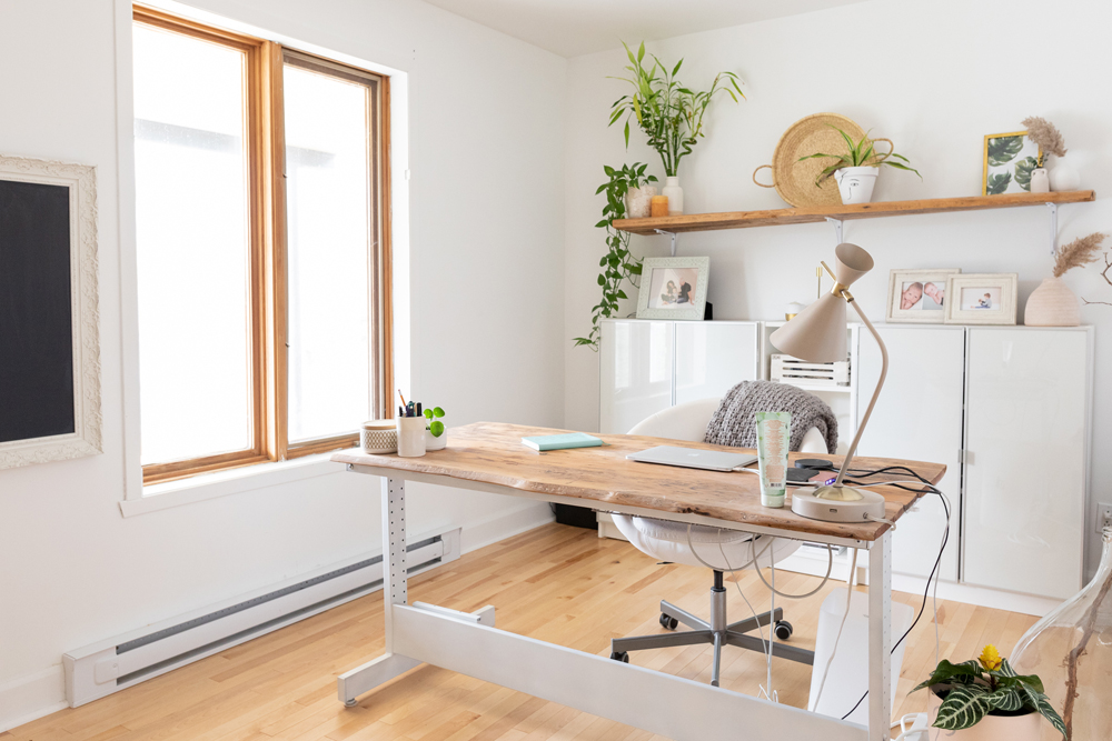 white home office with desk and shelves