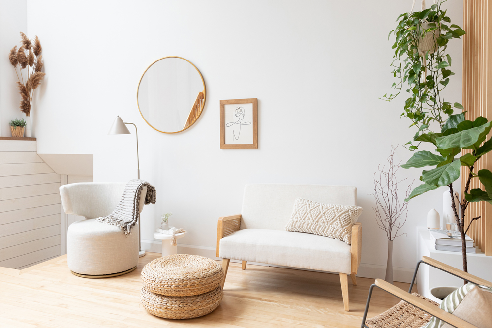white living room with hanging plants and white furniture