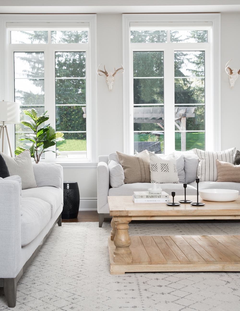 two windows in white living room, skulls between them, Habitat book on wooden coffee table