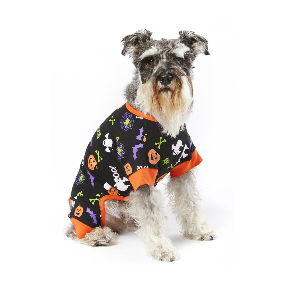 A dog dressed up in Halloween PJs