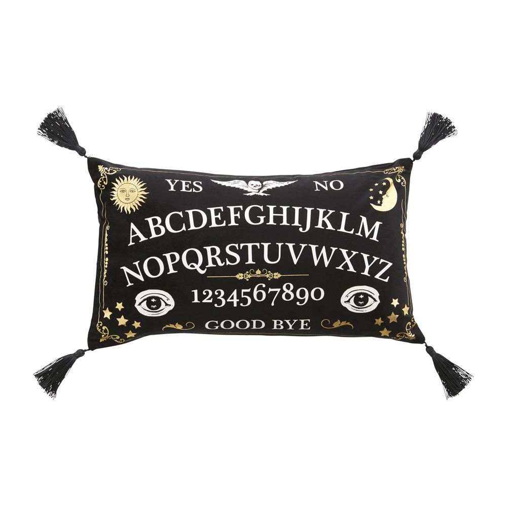 A black, white and gold Ouija board-themed Halloween pillow