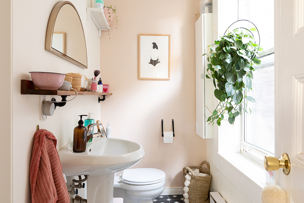 Bathroom with philodendron plant hanging from window