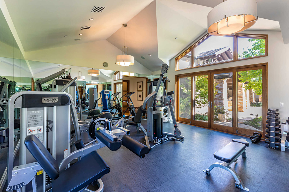 A large fitness centre with a door leading into the spacious backyard and pool area