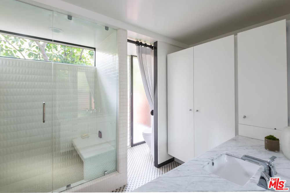 The guest house bathroom with a walk-in standing shower and plenty of storage