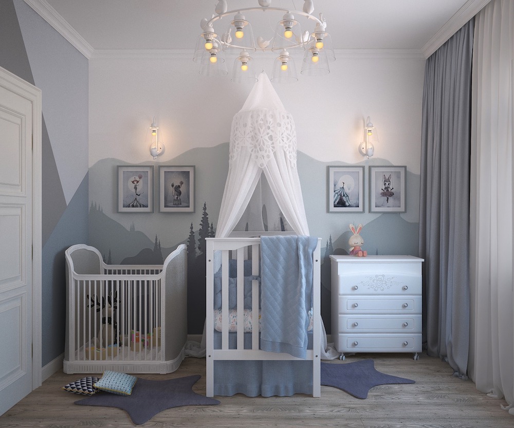 grey and white nursery with mountain-themed mural on wall