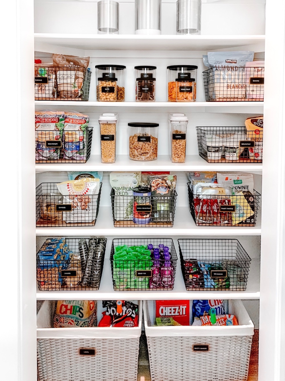 Wire baskets in pantry
