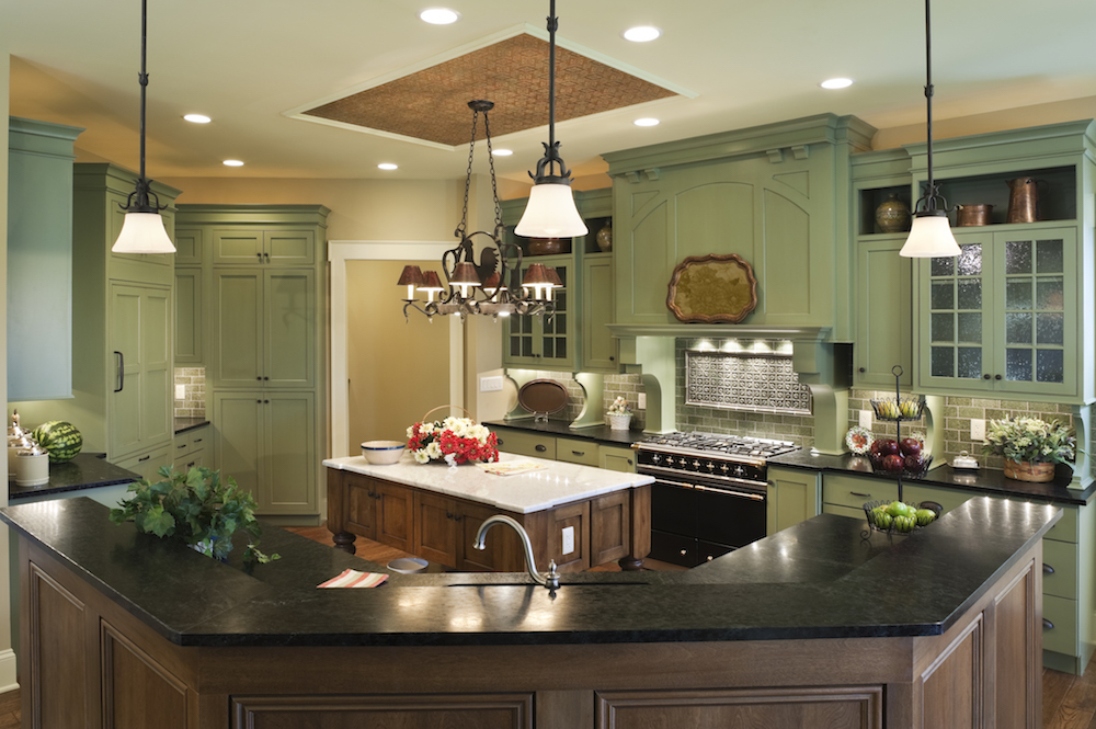 green classic kitchen with ceiling panel and kitchen island