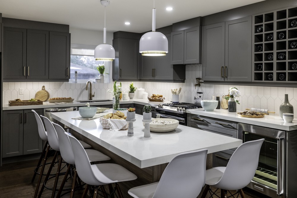 kitchen with grey cabinets and large centre island