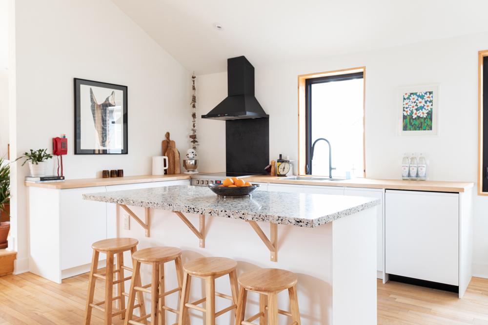 minimalist kitchen with terrazzo island