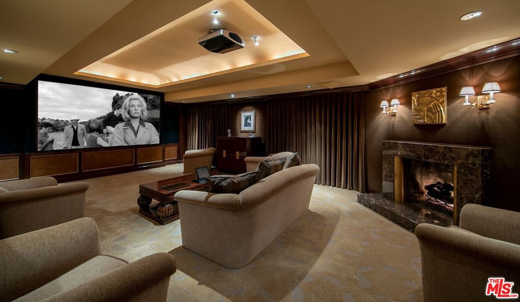 Screening room with fireplace