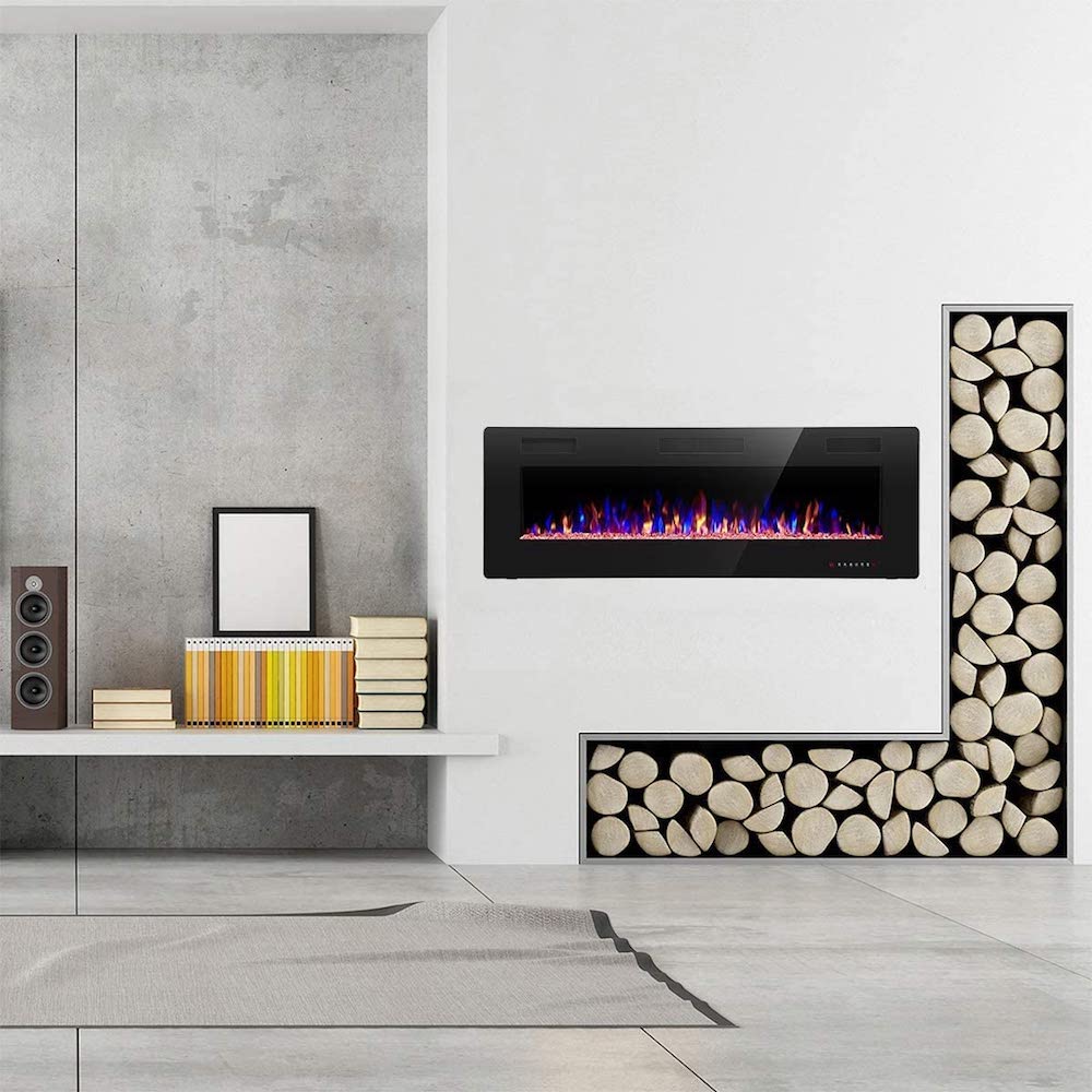 A sleek fireplace in a minimal lofty setting