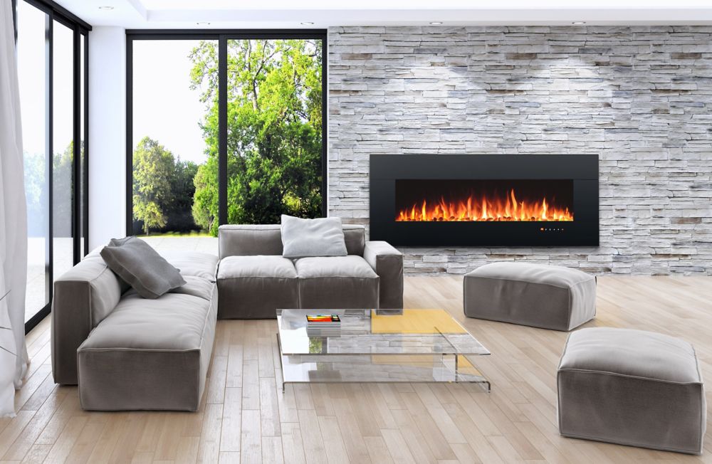 Modern living room with slick electric wall-mount fireplace