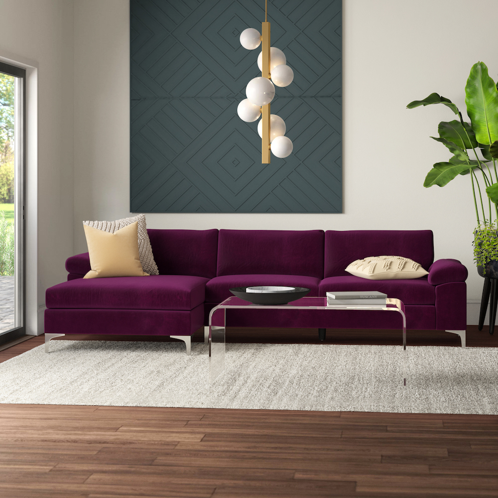 Purple velvet sectional in contemporary living room