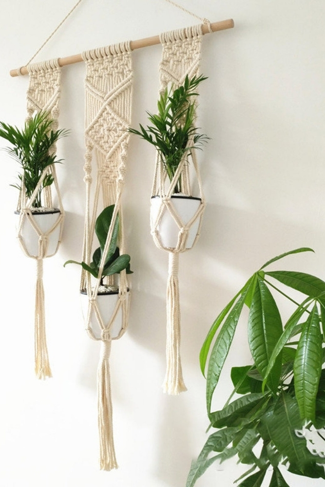 Wall mounted macrame with three plants