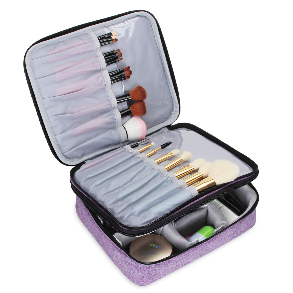 A multi-levelled purple makeup case