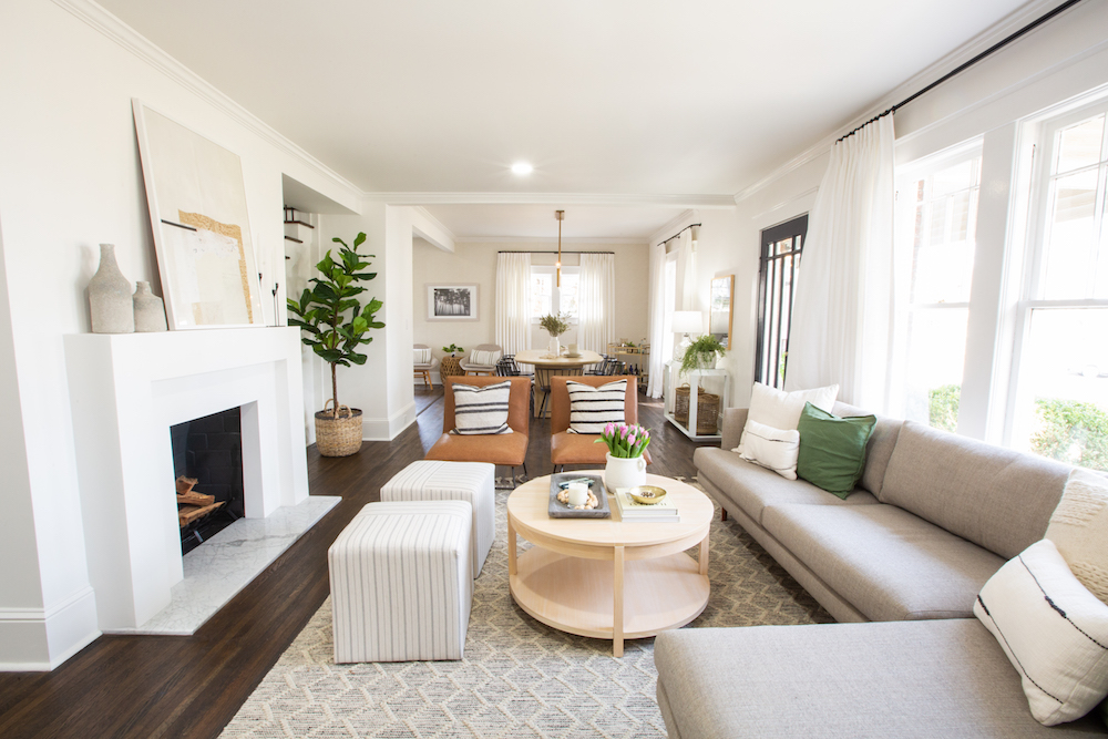 Living Room with fireplace and white furniture