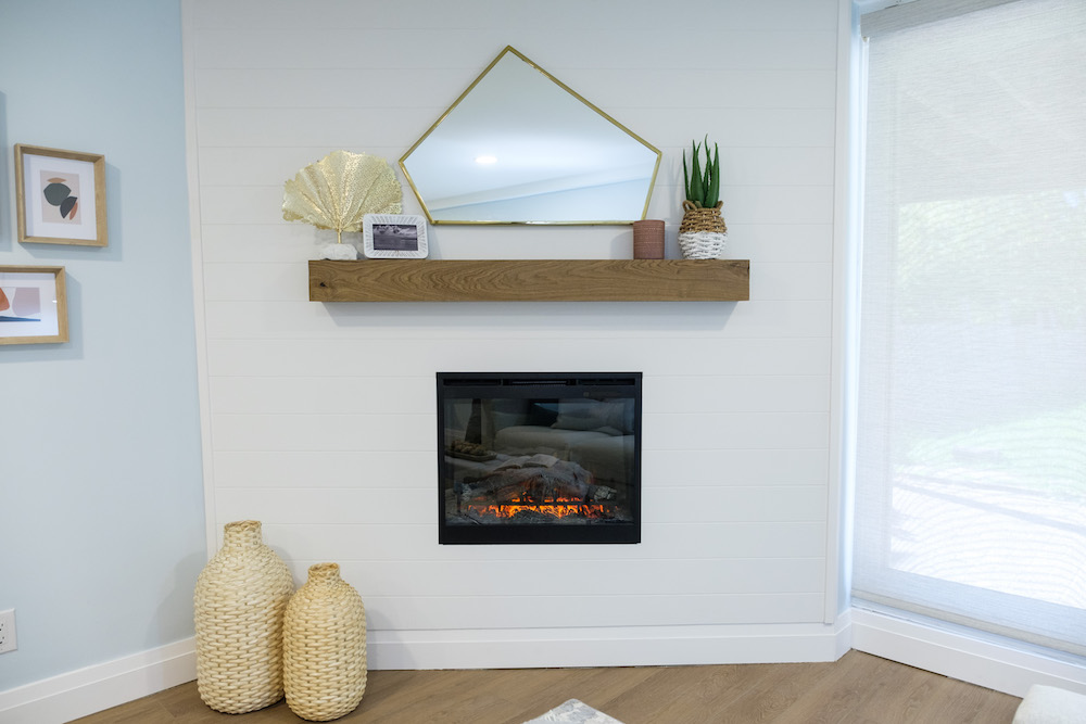 A fireplace mantel made from recycled material