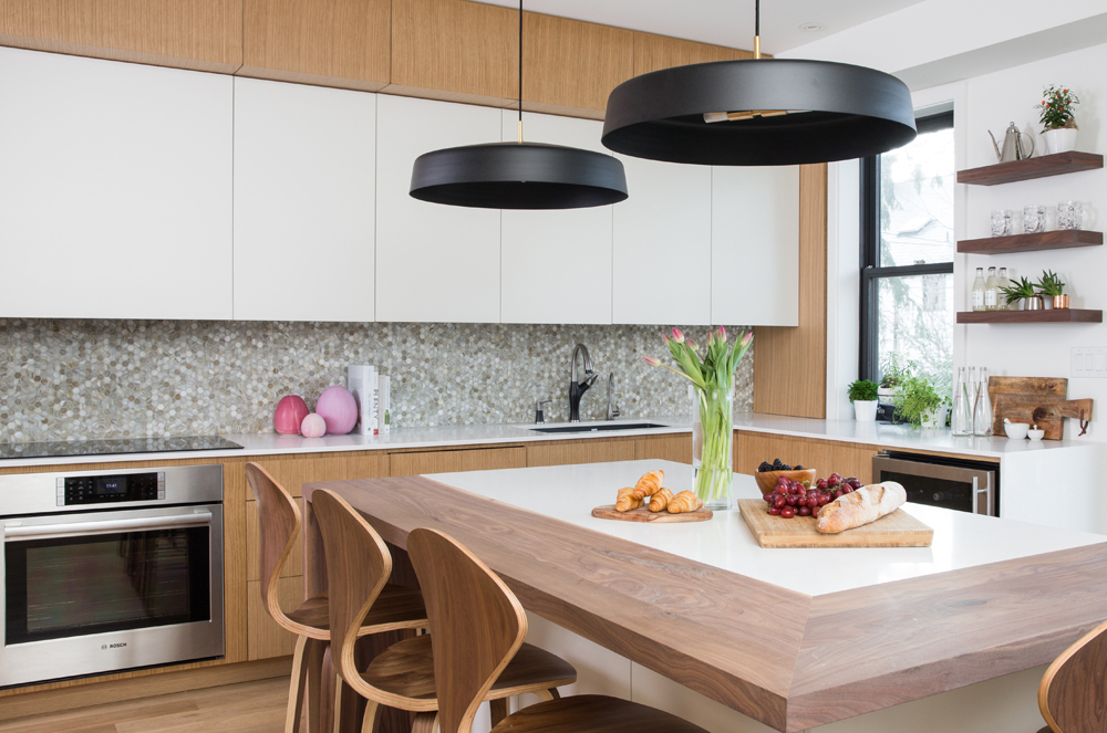 Contemporary kitchen with island and hexagonal backsplash