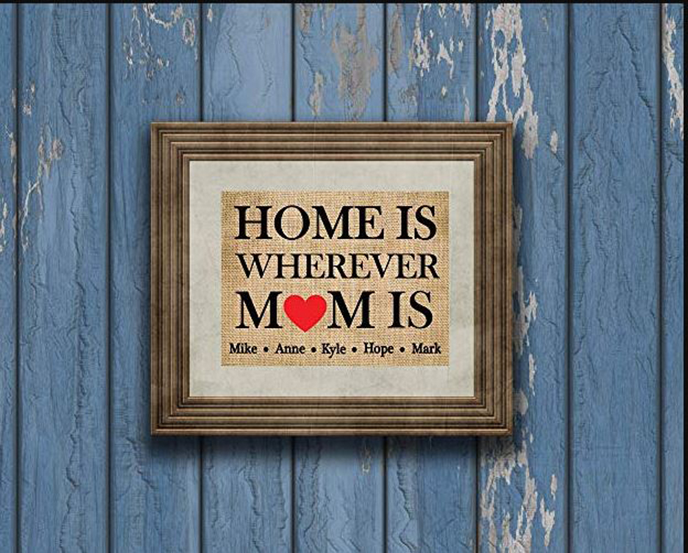 A handmade sign for Mother's Day hung on a blue wall