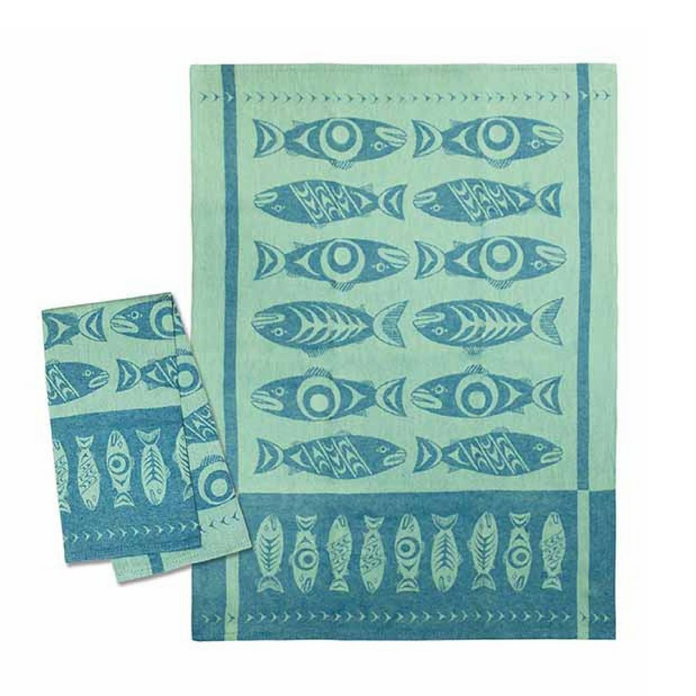 Pale blue tea towels featuring drawn salmon patterns