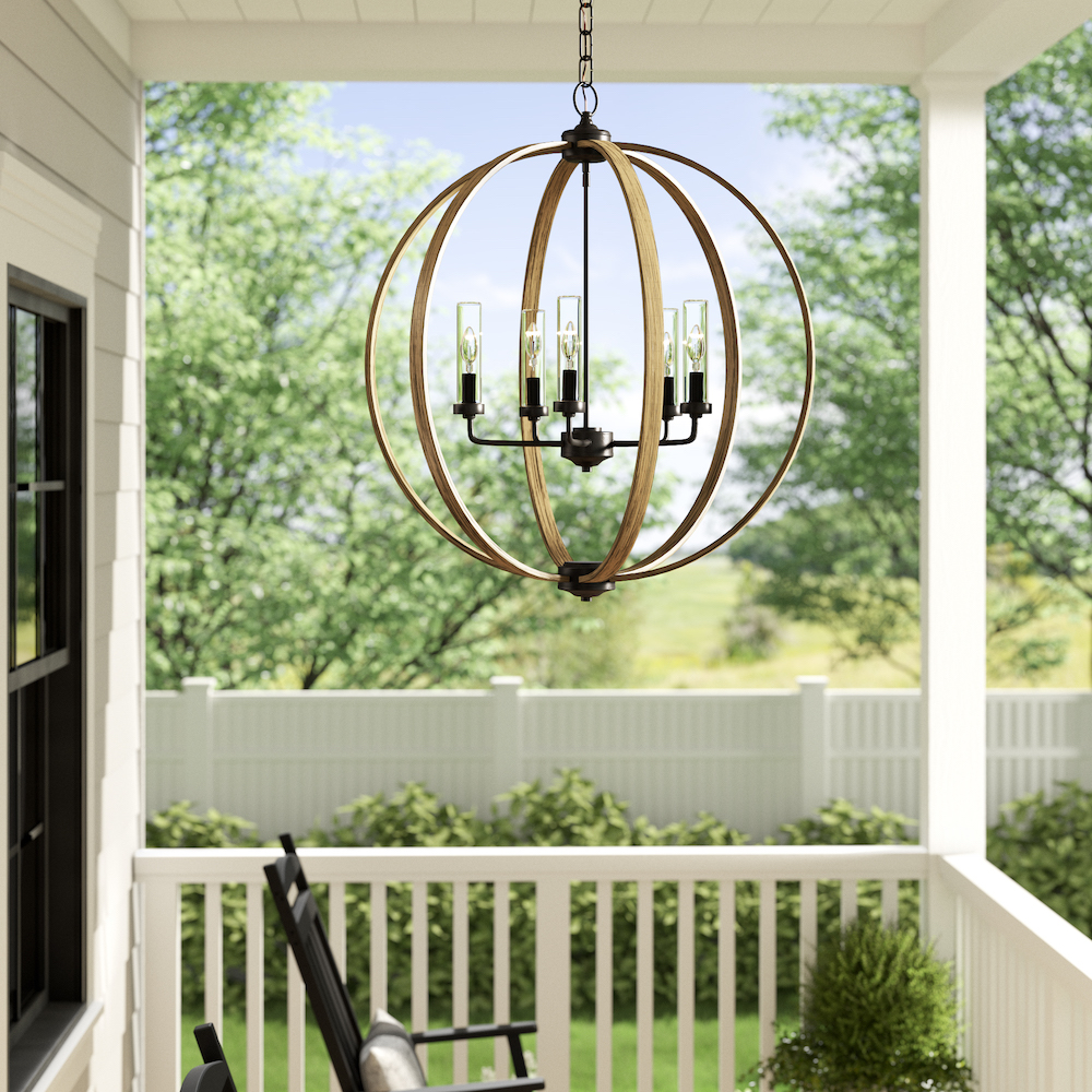 Outdoor chandelier over porch