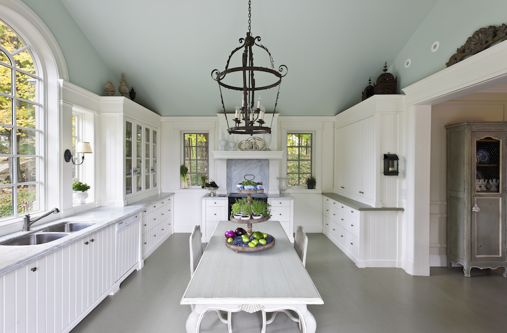 white country kitchen with teal ceiling