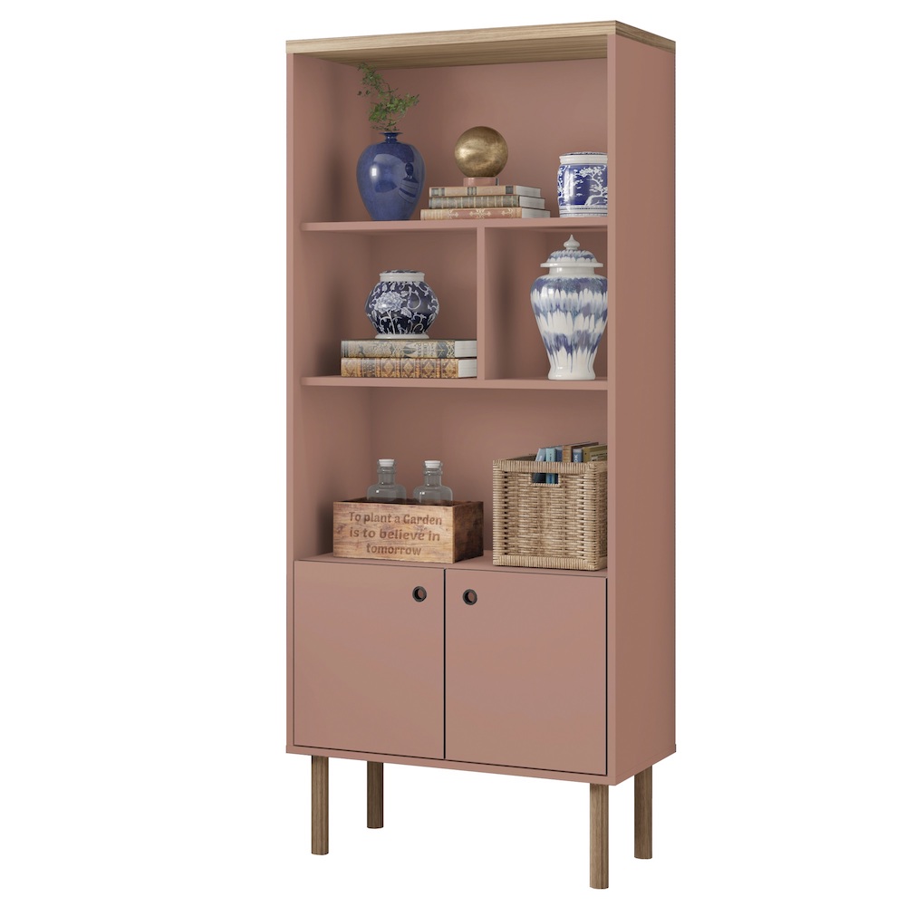 Pink and wood midcentury modern bookcase