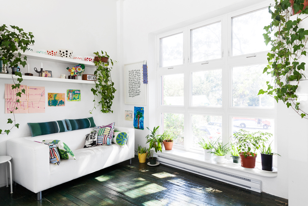 A naturally lit white monochrome living room with plenty of plants and sunlight