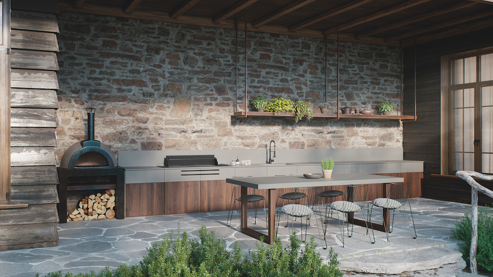 Pizza oven in outdoor kitchen with Caesarstone countertop.