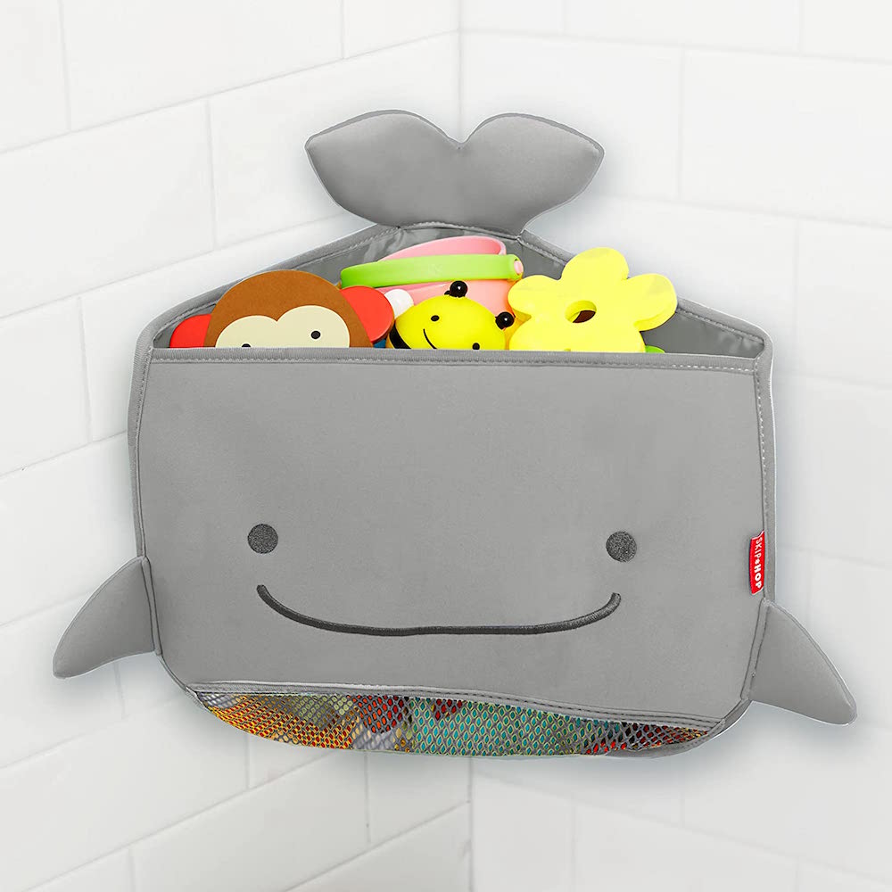 grey whale-shaped bath toy organizer