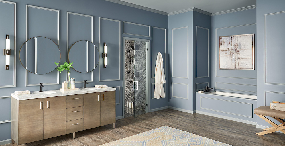 charcoal blue bathroom with modern double vanity, double mirrors and contrast trim