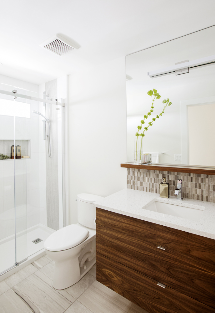 Stylish guest bathroom with smart storage solutions.